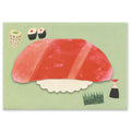 Delicious tuna sushi greeting card K04-GT-264 by illustrator Kinoko Kobayashi, shown with its envelope.