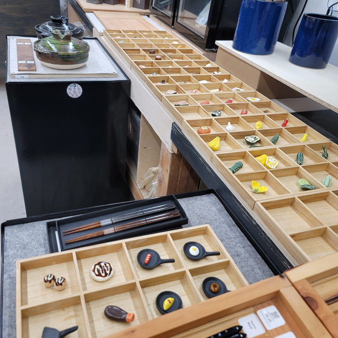 Asian-American handmade dinnerware set including ramen and udon bowls, and sushi plates from Arakawa Pottery, San Jose