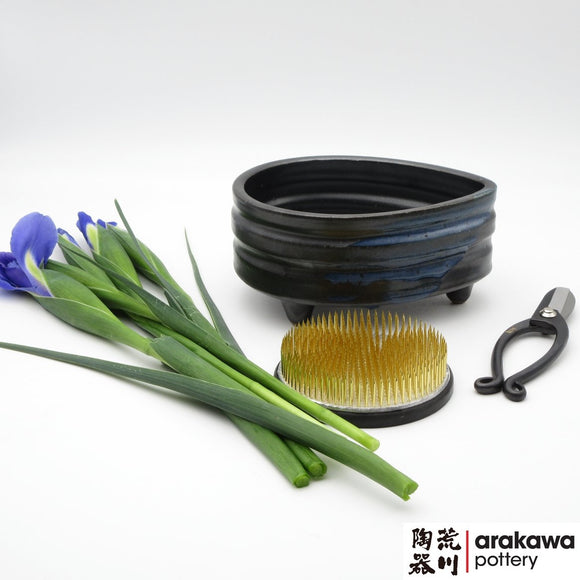 Handmade Ceramic Ikebana Container: Black Glaze with Blue Drip Small Compote Ikebana container  made of Bravo Buff Stoneware by Thomas Arakawa and Kathy Lee at Arakawa Pottery