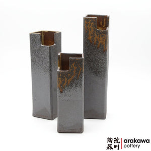 Handmade Ceramic Ikebana Container: Shino & Wood Ash Glaze Nageire Cylinder (Tsu Tsu) Ikebana container  made of Dark Brown Stoneware by Kathy Lee-Arakawa at Arakawa Pottery