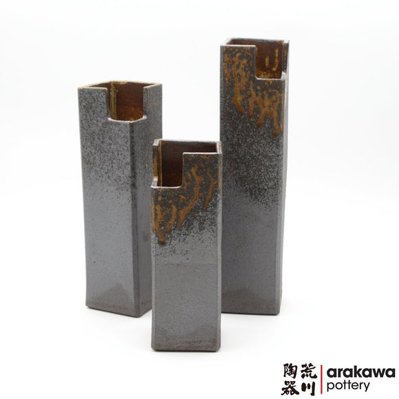 Handmade Ceramic Ikebana Container: Shino & Wood Ash Glaze Nageire Cylinder (Tsu Tsu) Ikebana container  made of Dark Brown Stoneware by Kathy Lee-Arakawa at Arakawa Pottery
