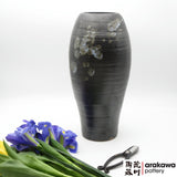 Handmade Ceramic Ikebana Container: Black Glaze with Blue Splash Nageire Vase Ikebana container  made of Bravo Buff Stoneware by Thomas Arakawa at Arakawa Pottery