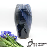 Handmade Ceramic Ikebana Container: Navy & Flambe Glaze Nageire Vase Ikebana container  made of Bravo Buff Stoneware by Thomas Arakawa at Arakawa Pottery