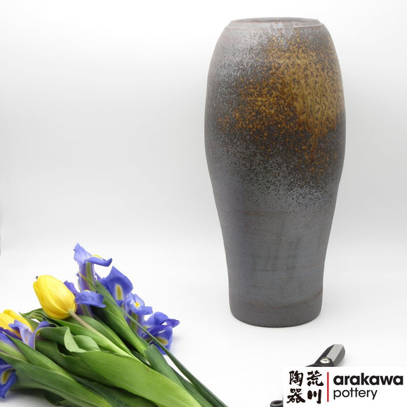 Handmade Ceramic Ikebana Container: Shino & Wood Ash Glaze Nageire Vase Ikebana container  made of Dark Brown Stoneware by Thomas Arakawa at Arakawa Pottery