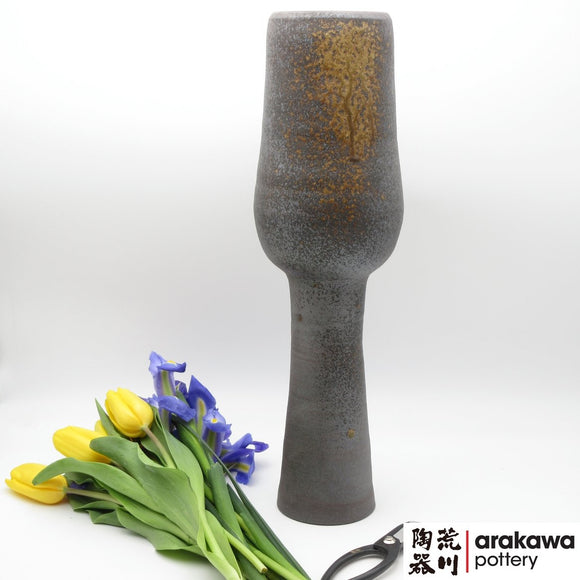 Shino & Wood Ash Glaze Tall Compote Ikebana container made of Dark Brown Stoneware by Thomas Arakawa and Kathy Lee at Arakawa Pottery