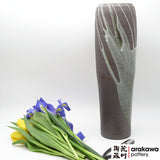 Handmade Ceramic Ikebana Container: Gray glaze with Drip Nageire Vase Ikebana container  made of Dark Brown Stoneware by Thomas Arakawa at Arakawa Pottery