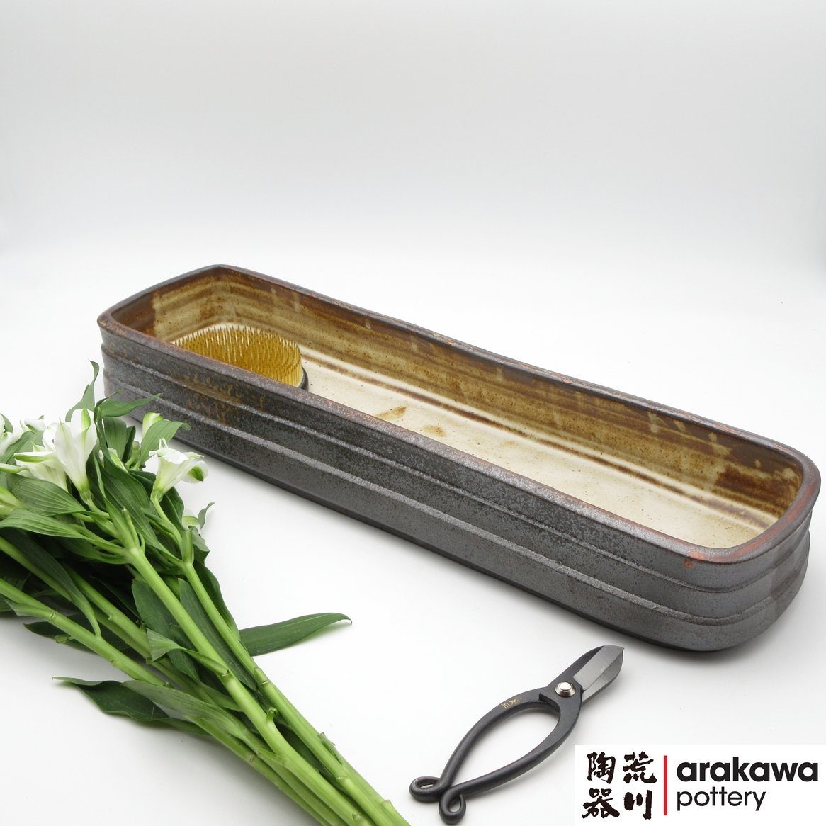 Handmade Ceramic Ikebana Container: 1 Row Suiban - Shino & Wood