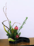 Handmade Ceramic Ikebana Container: Kidney Bean Suiban - Gray glaze with Drip - 0320-0162